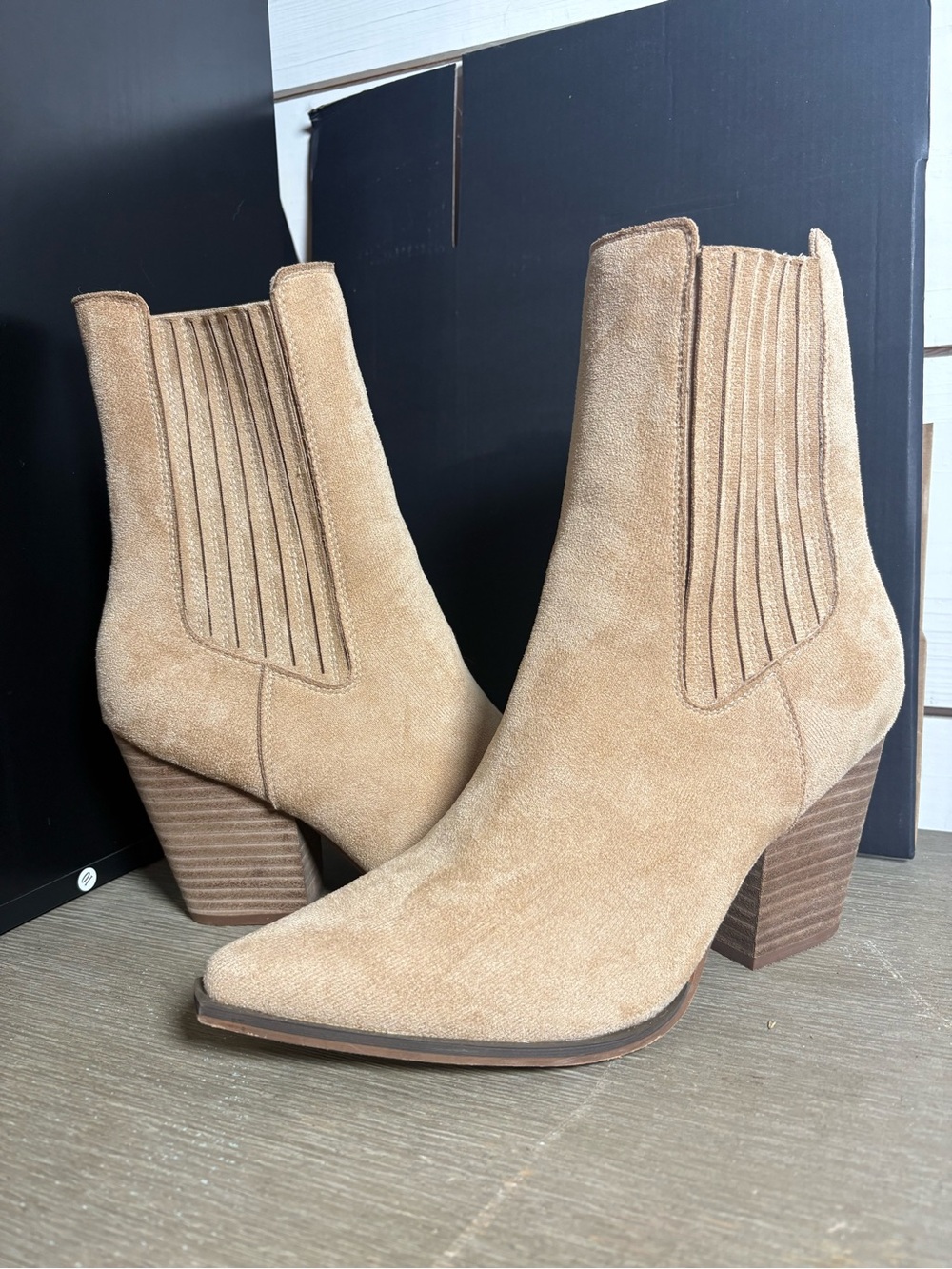 Buckle Tan Suede Chelsea Ankle Boots with Block Heel
